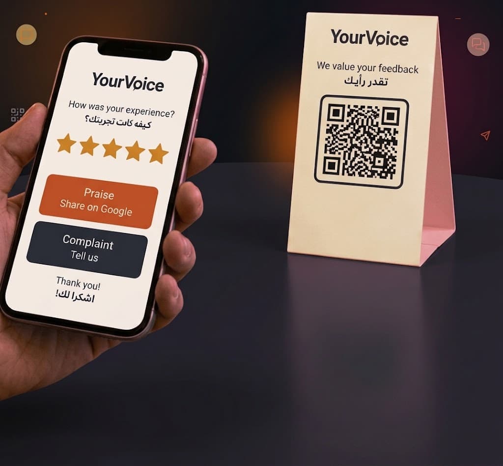 هاتف يعرض صفحة التقييم في YourVoice بجانب حامل رمز QR على طاولة